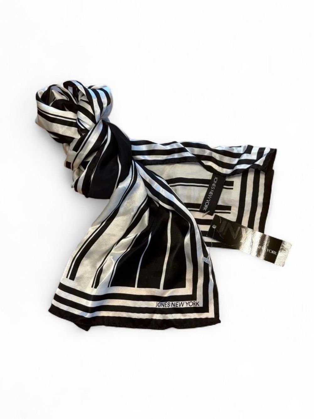 NWT Jones New York Black White Silk Scarf Rectangle Chic Old Money Luxury Stripe